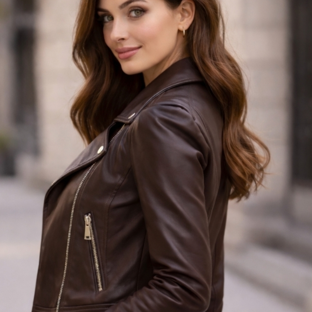 Landry | Dark Brown Faux Leather Silver Zipper Jacket - Picture 10 of 10